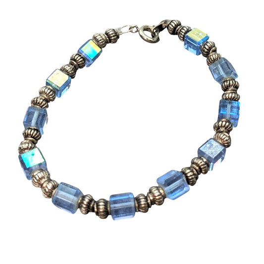 Vintage Blue Square Glass AB Crystal & Silver Tone Bead Bracelet