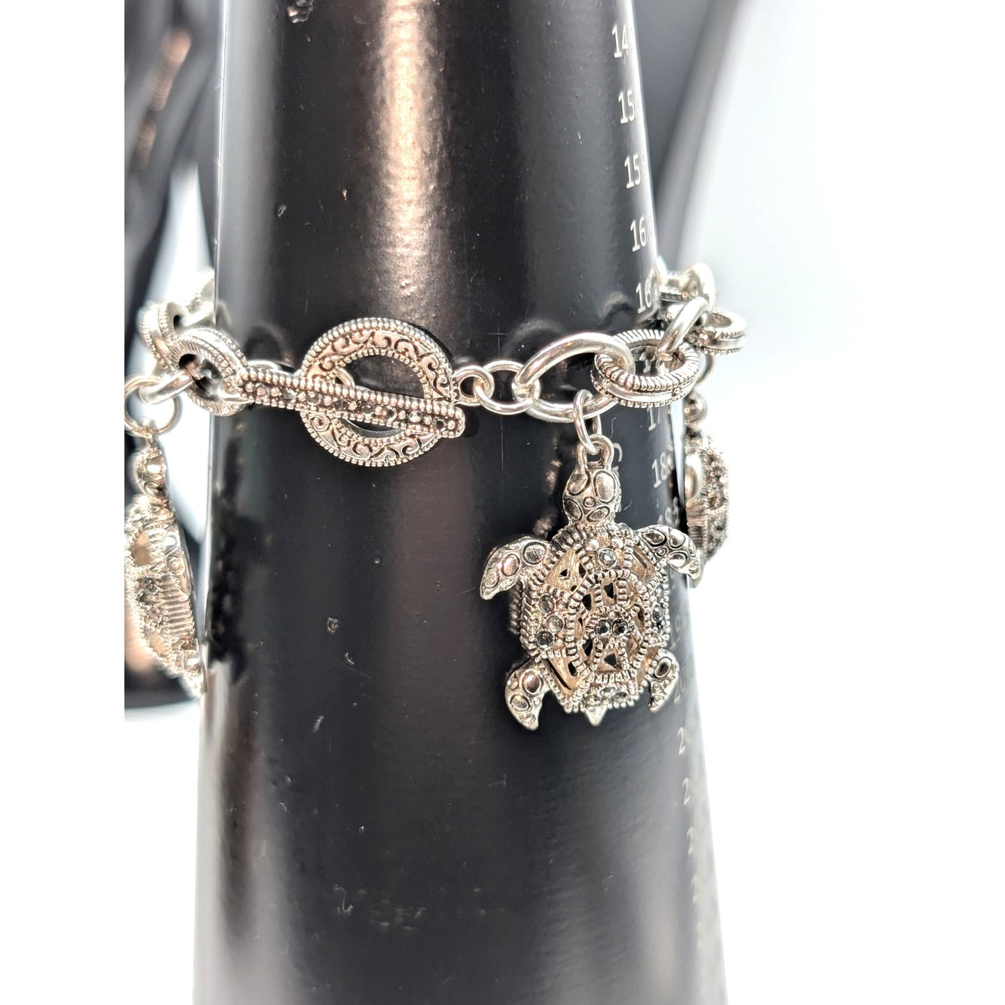 Chunky Silver Tone Marcasite Toggle Clasp Turtle Charm Bracelet
