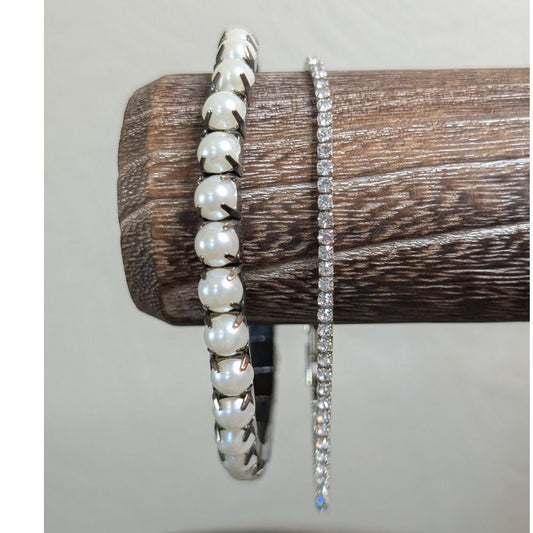 Lot of Two Silver Tone Rhinestone Fold Over Clasp & Faux Pearl Stretch Bracelets