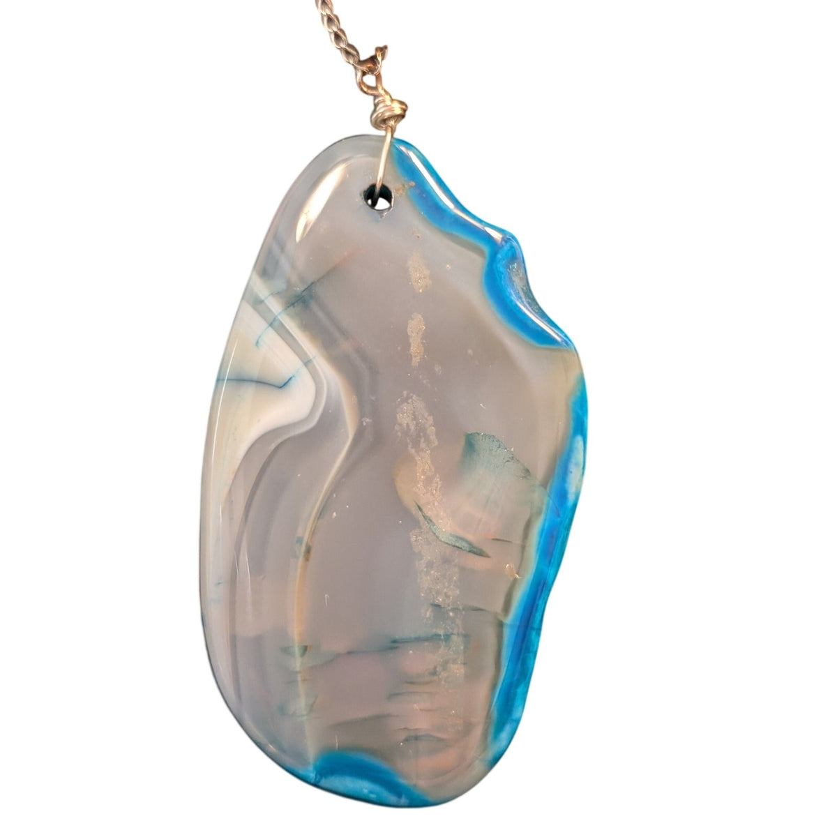 Blue Stone Agate Wood Pendant Boho Long 32"-34" Necklace