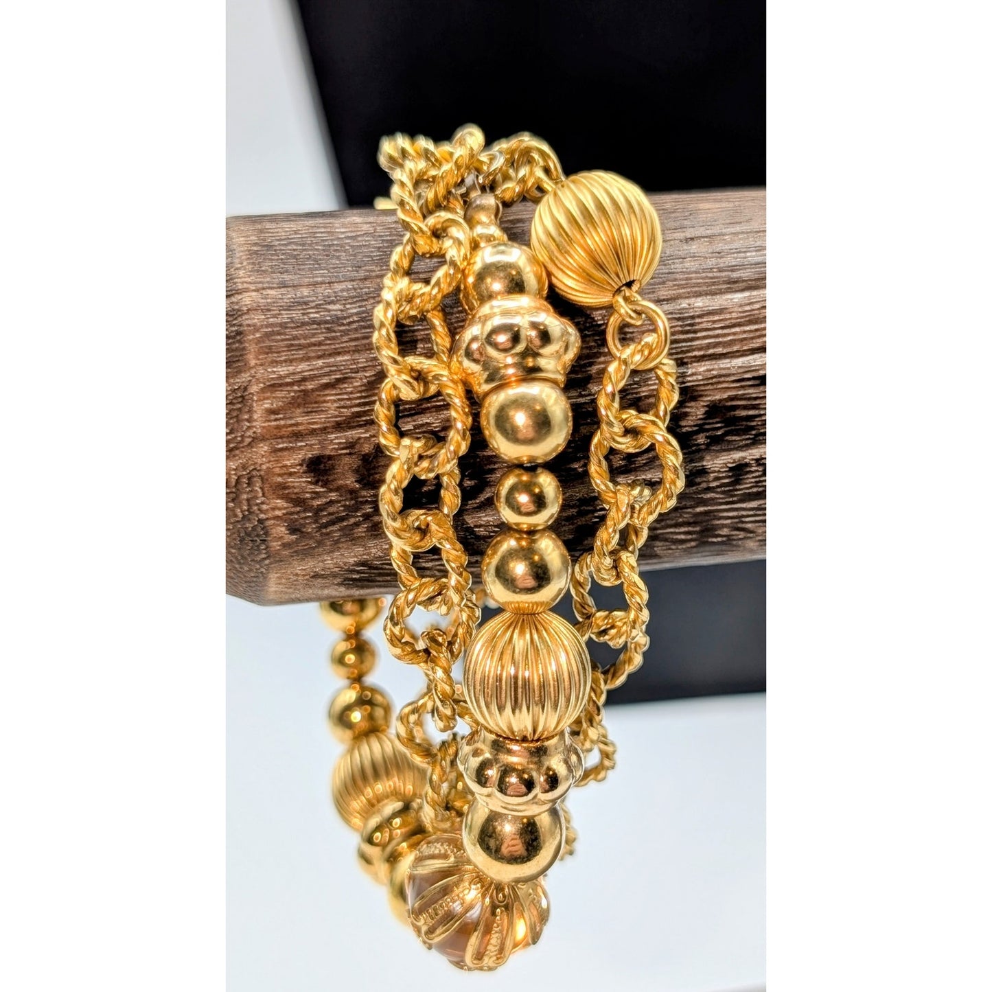 Vintage Liz Claiborne Triple Strand Gold Tone Chain & Beaded Bracelet