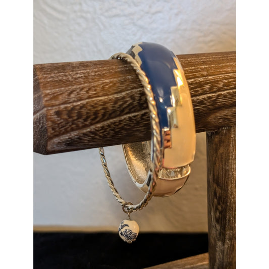 Two Bangle Lot Blue Cream Black Enamel Clamper & Twisted Bangle W/ Charm