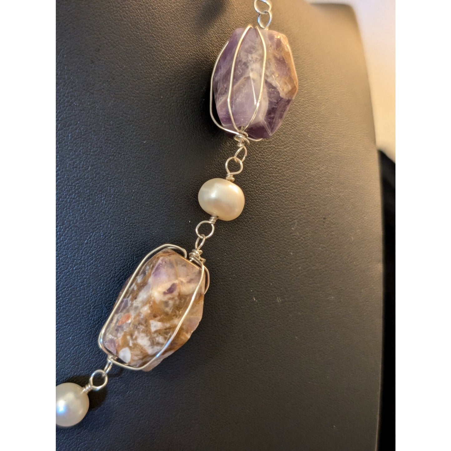 Chunky Wired Purple Lace Agate & Amethyst Fresh Water Pearl Sterling Necklace