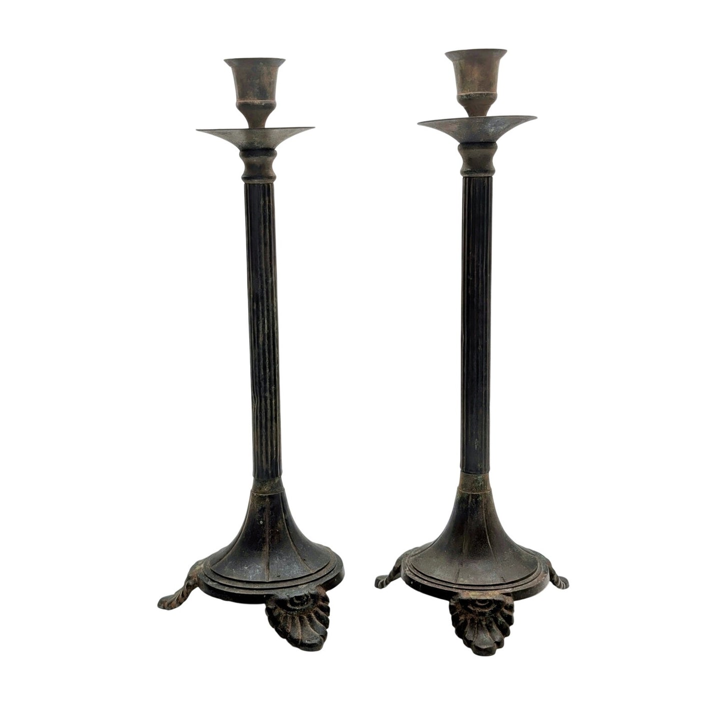 Aged Distressed Patina Pair of Metal Candlestick Holders (Candles Not Included)