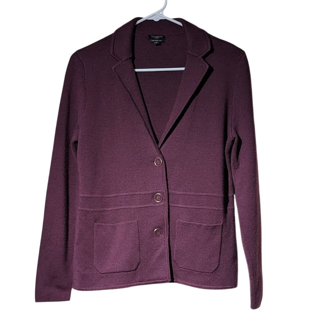 Talbots Pure Merino Wool Plum Three Button Pocket Sweater Blazer Sz Petite S