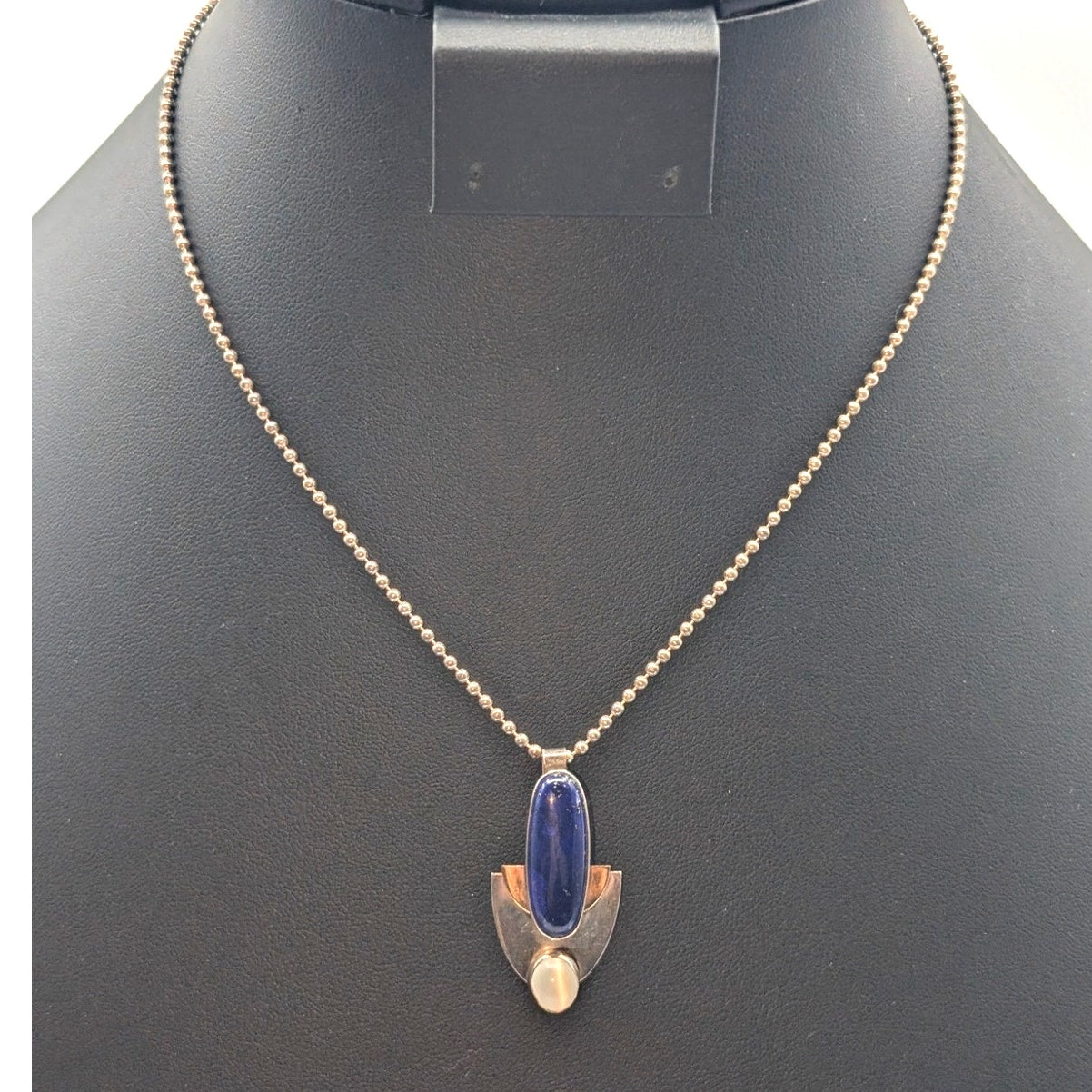 VTG Sterling Two Toned Lapis Lazuli & Moonstone Bead Ball Chain Necklace