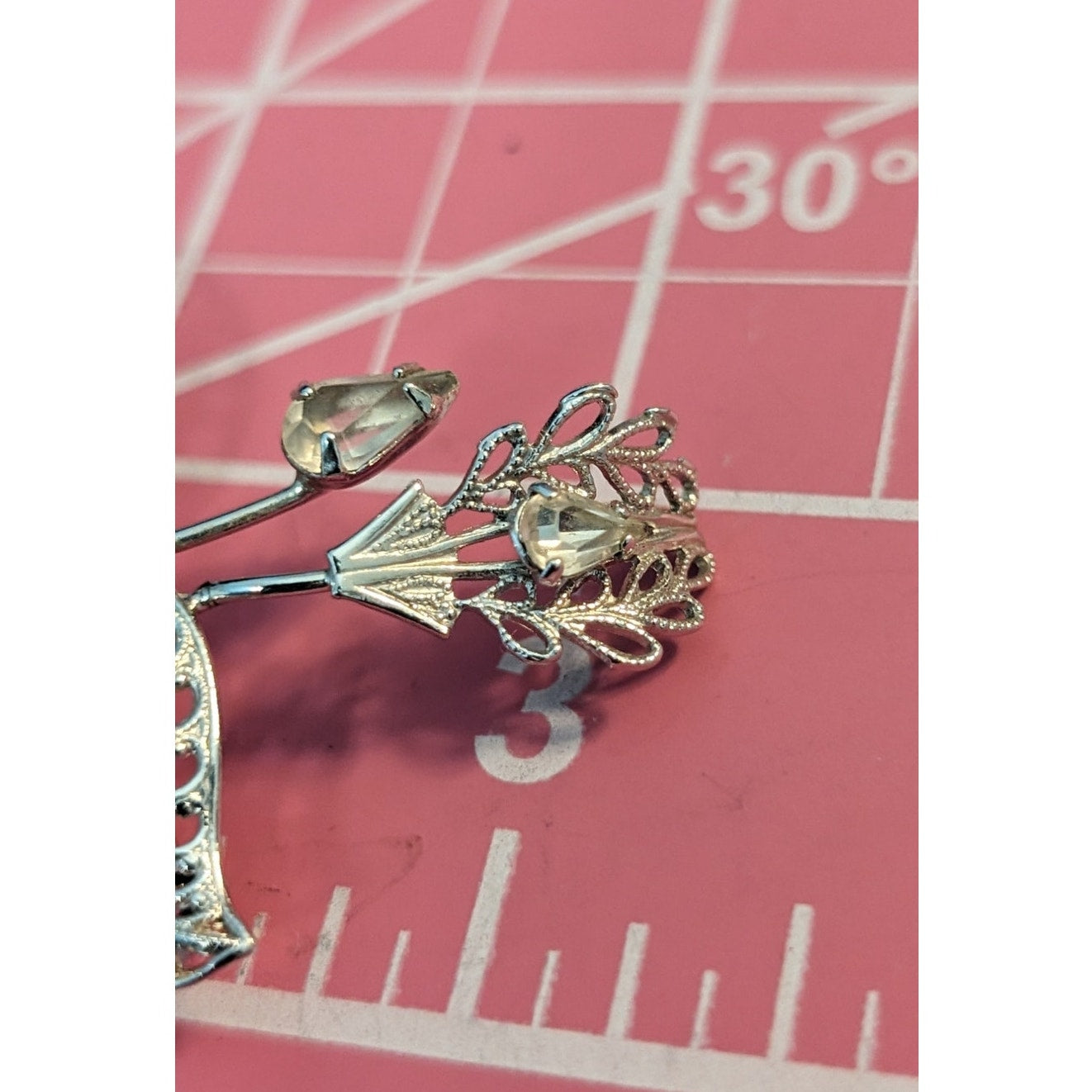 Signed Vintage Titan Sterling Filigree Rhinestone Floral Brooch