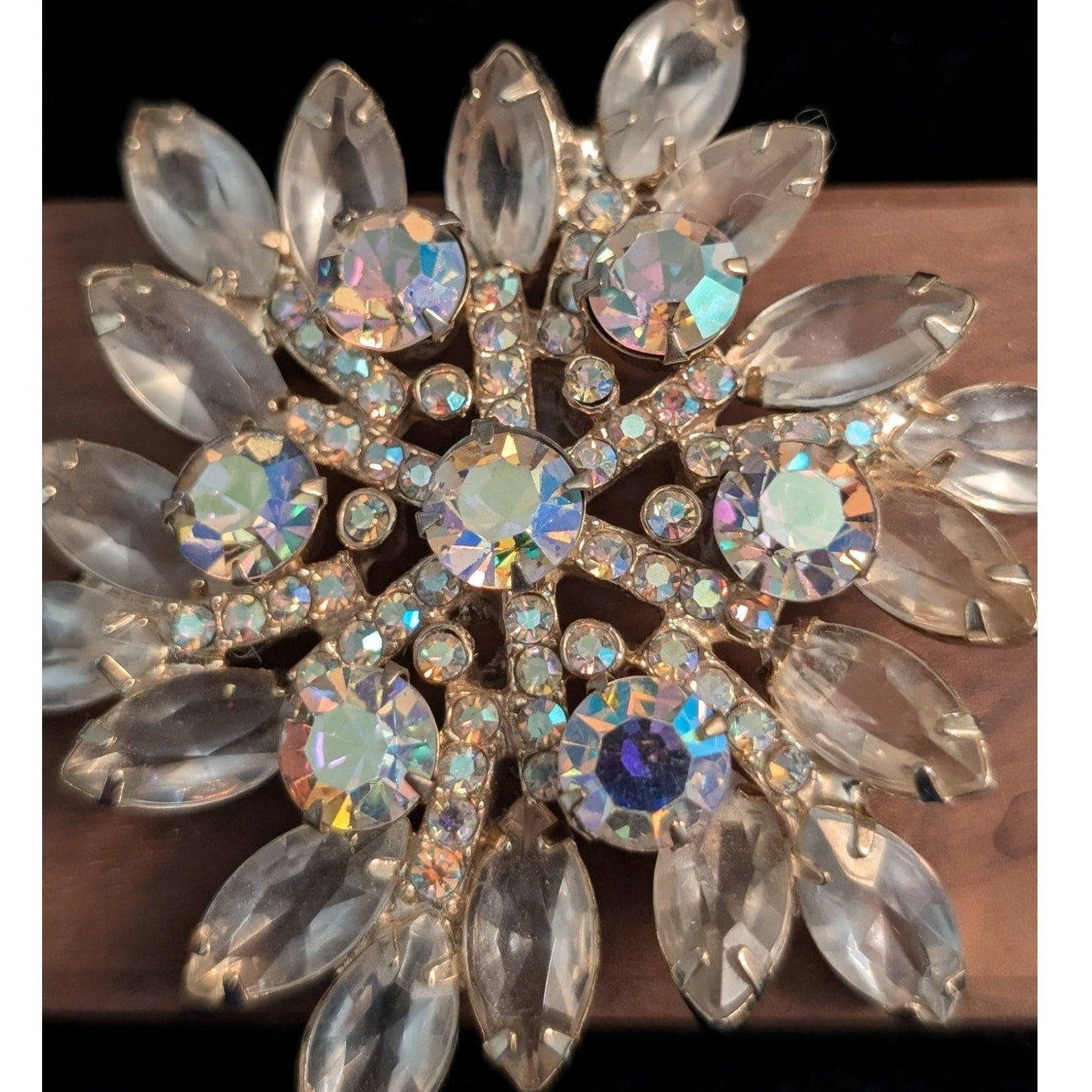 Vintage Unsigned Aurora Borealis Rhinestone Layered Flower Brooch