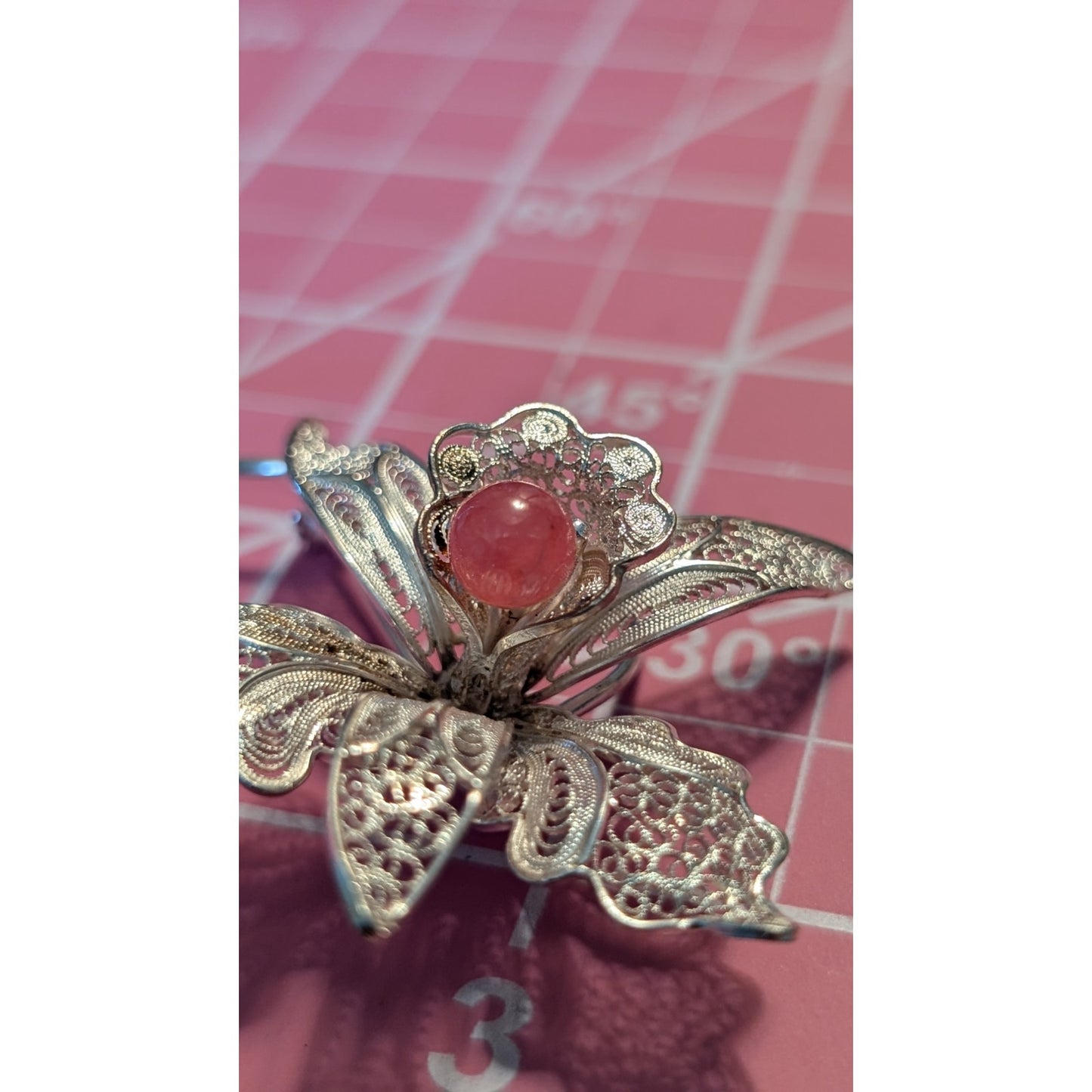 Vintage 900 Silver Italian Filigree Tourmaline Center Orchid Brooch/Pin