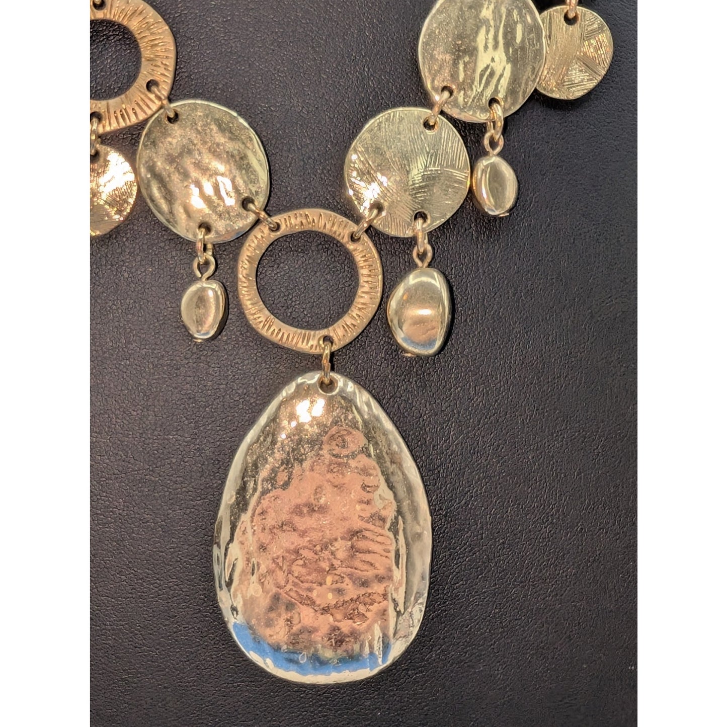 Chico's Gold Tone Hammered Metal Disk Dangles Corded 17"-21" Necklace