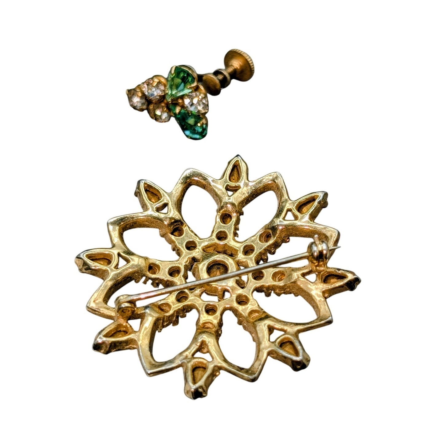 Vintage Green & Clear Rhinestone Gold Tone Brooch & Screw On Earrings