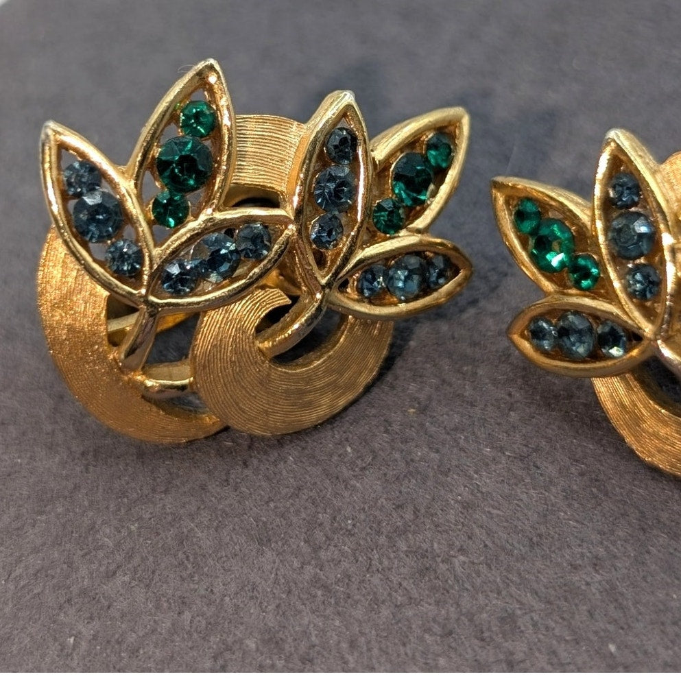 VTG Signed Crown Trifari Blue Green Rhinestone Leaf Brushed Gold Tone Earrings