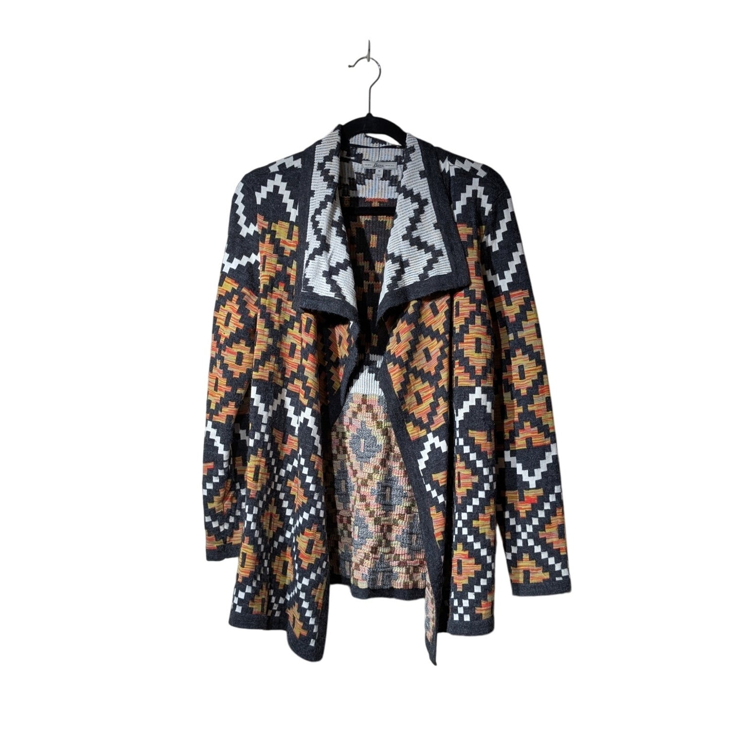 Bass Multicolor Geometric Print Long Sleeve Open Front Cardigan Sweater Size M