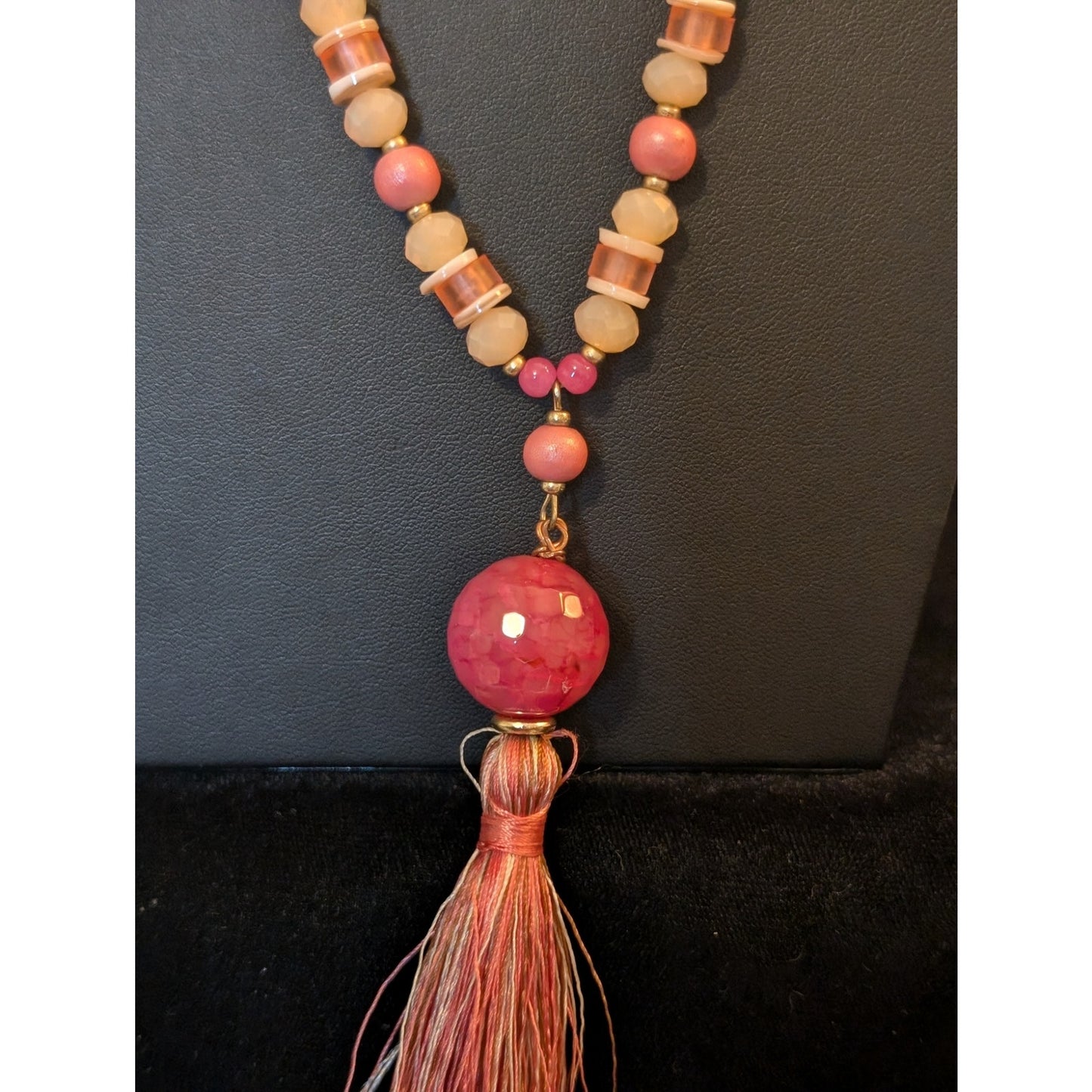 Pink Glass Bead Leather Cord Pink Satin Tassel Long Boho Necklace