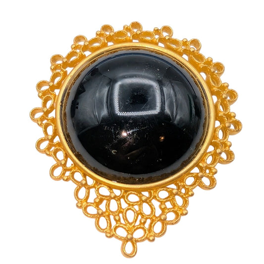 Lacy Gold Tone Surrounding Large Black Cabochon Bead Center Brooch