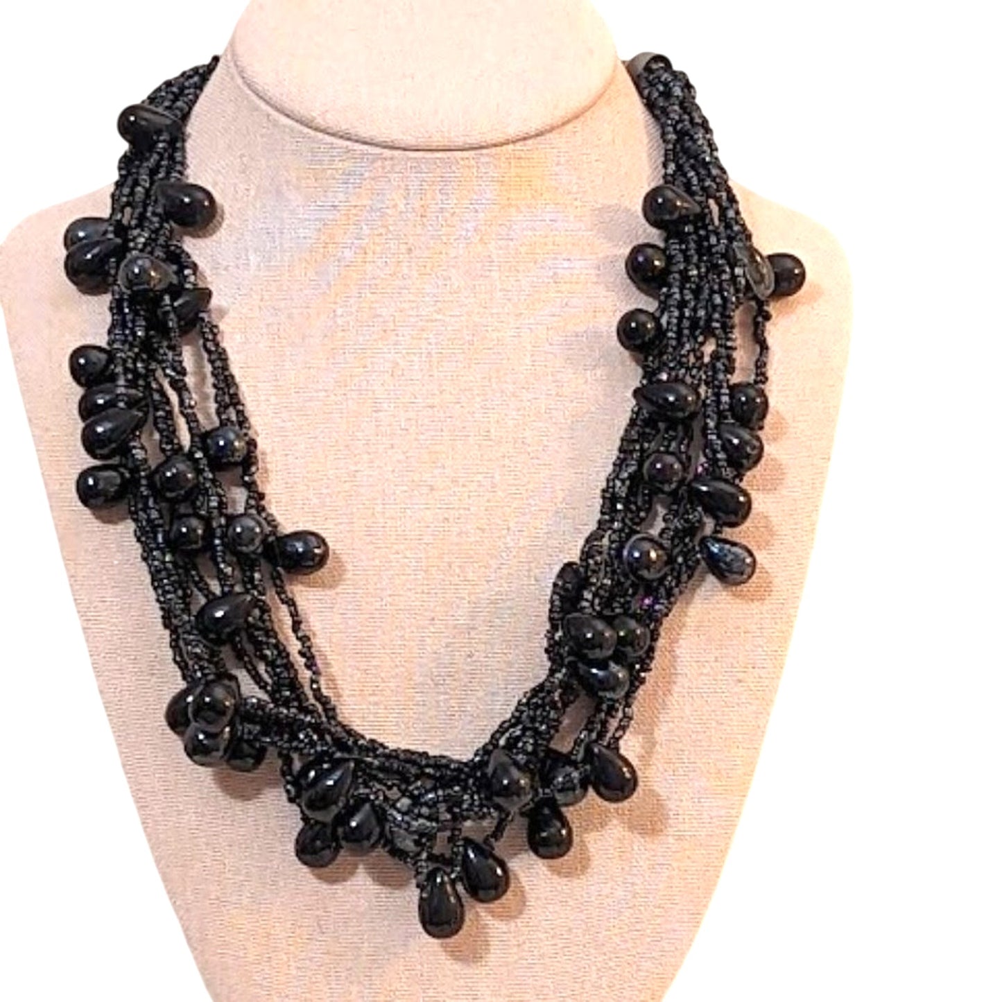 Chunky Black Glass Multi-Strand Seed Bead and Teardrop Bead Necklace