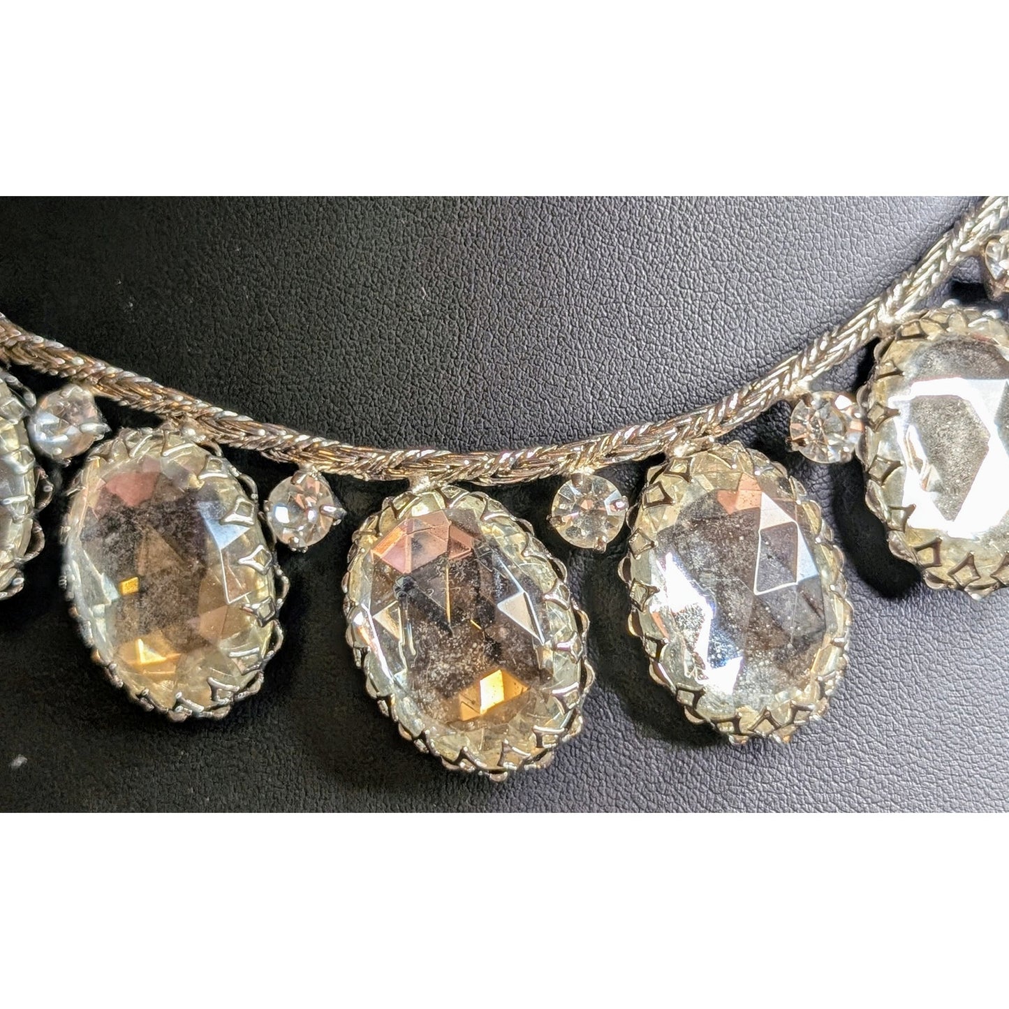 SCHREINER Rare New York Glass Cabochon & Silver Braided Chain Vintage Necklace