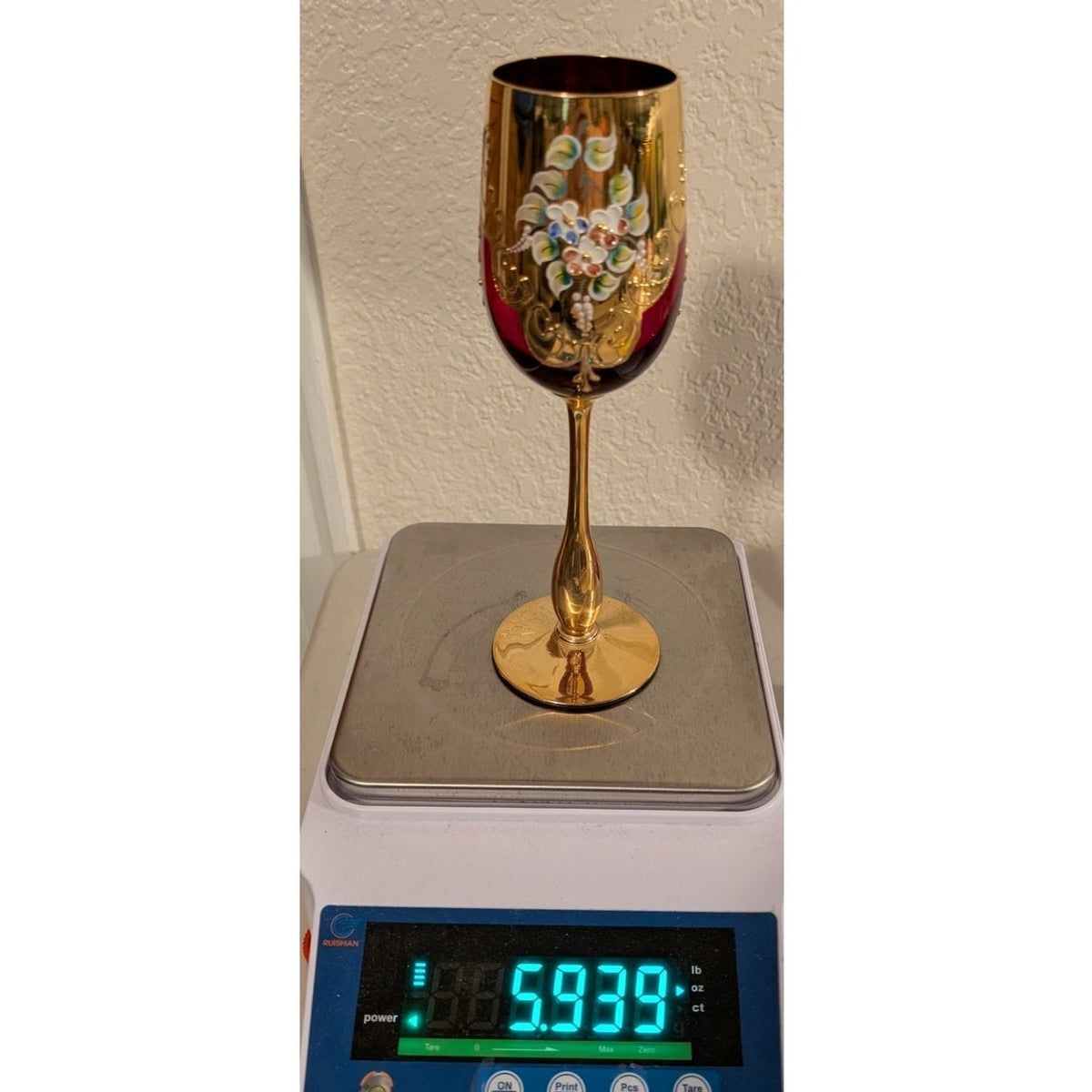 Vintage 50s Red Stemmed Wine Goblet Tre Fuochi Murano Italy Venetian Heavy Gilt