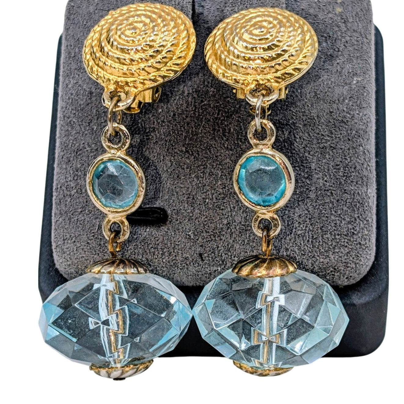 Vintage Light Blue Lucite Gold Tone Rope Design Clip On Dangle Earrings