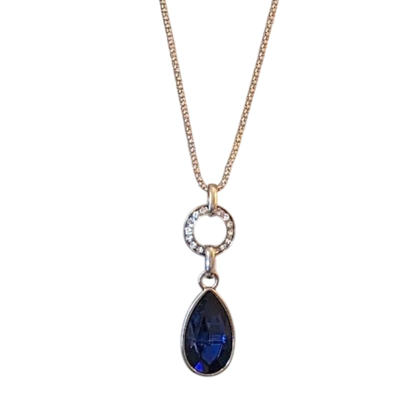 Blue Faceted Teardrop and Rhinestone Disc Pendant Necklace Silver Tone Chain 28"