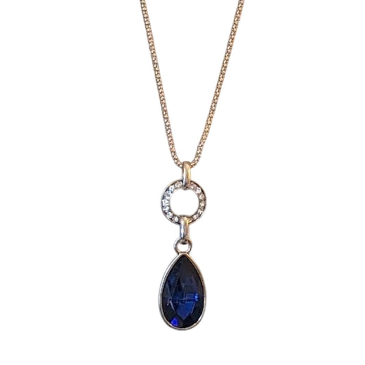 Blue Faceted Teardrop and Rhinestone Disc Pendant Necklace Silver Tone Chain 28"