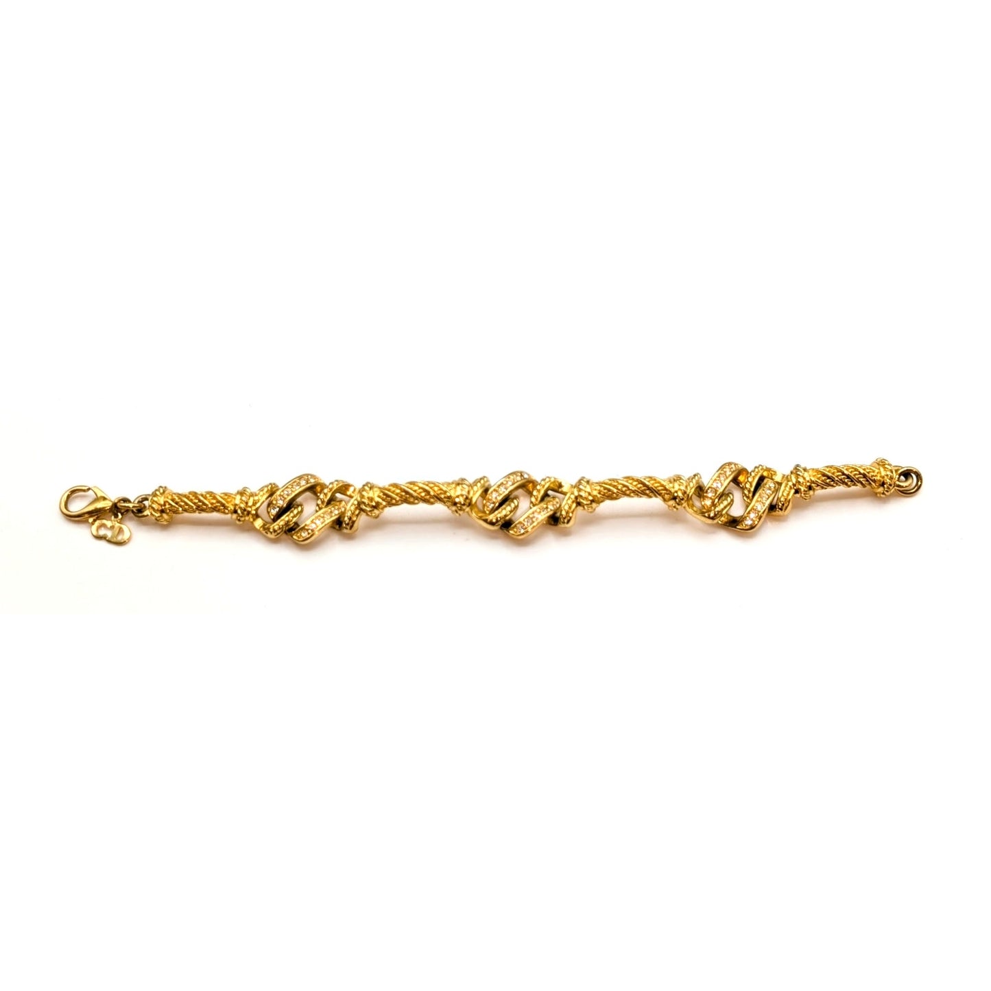 Christian Dior Vintage Gold Plated Twisted Link Crystal Accent Chain Bracelet