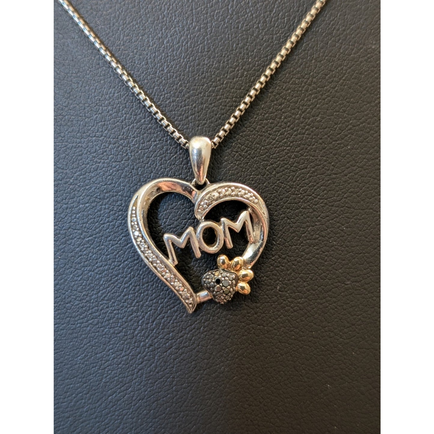 1/20 CT TW Enhanced Black & White Diamond MOM Paw Print Heart 925 10K Necklace