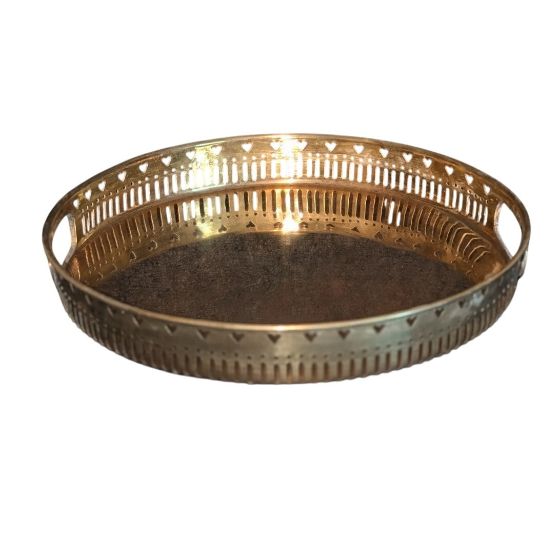 Vtg Brass Round Tray W/ Pierced Heart Gallery Decorative Serving or Vanity Tray