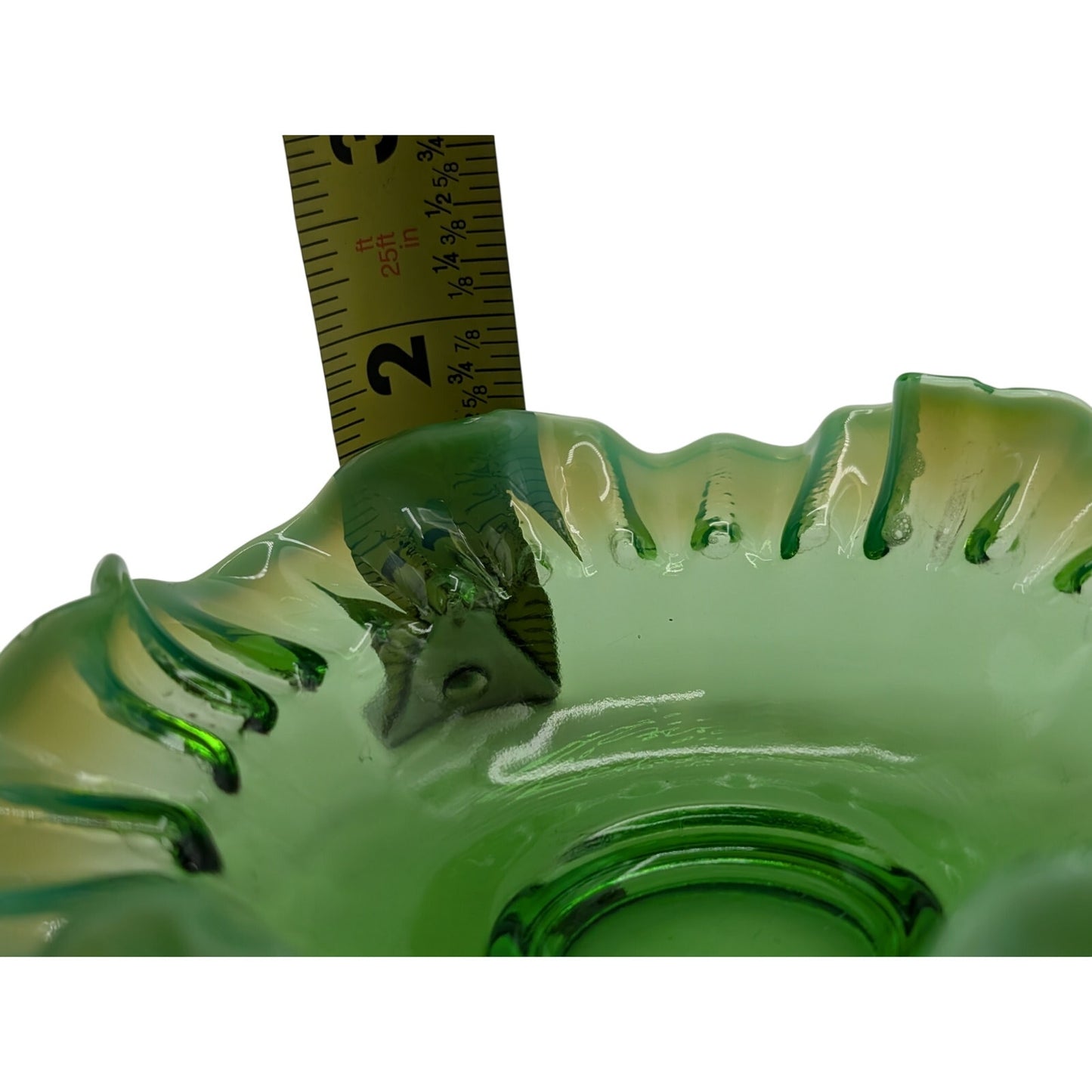Vintage Green Opalescent Ruffled Edge Fenton Art Glass Bowl -- Read Description