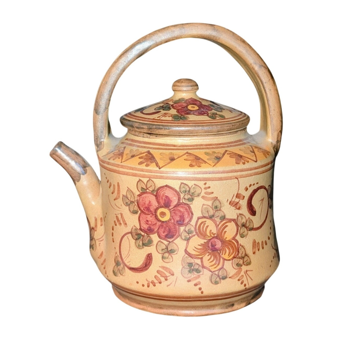 VTG Portugal Algarve Folk Art Mediterranean Pottery Signed Floral Lidded Teapot