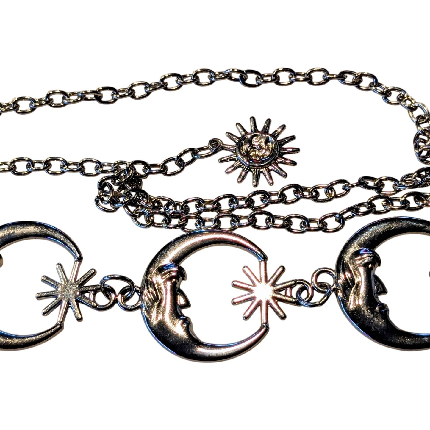 Moon Sun Boho Retro Punk Silver Tone Metal 43" or Less Waist Chain Belt