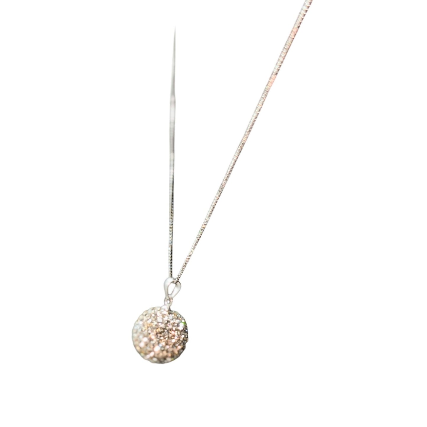 925 Sterling Austrian Crystal Snowball Disco Ball Pendant Box Chain 18" Necklace
