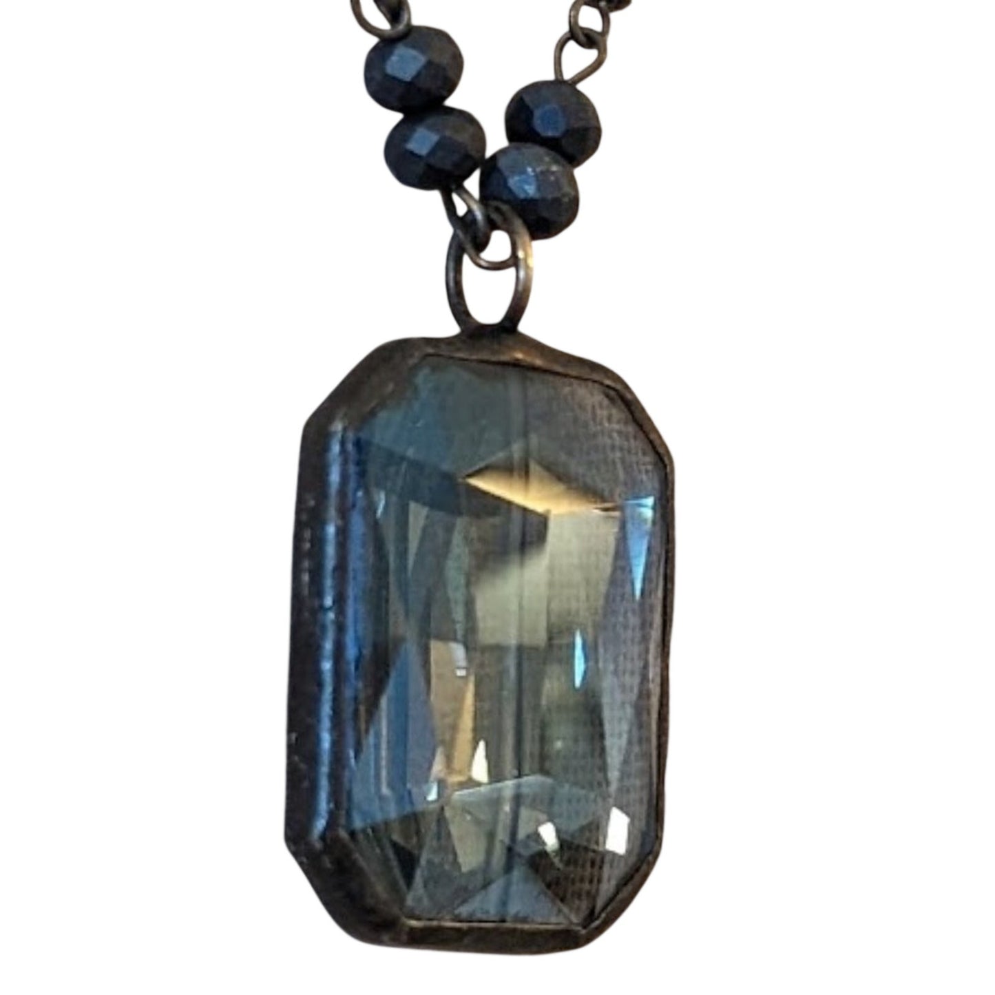 Vintage Bezel Set Smoky Blue Crystal Pendant on Beaded Chain Necklace