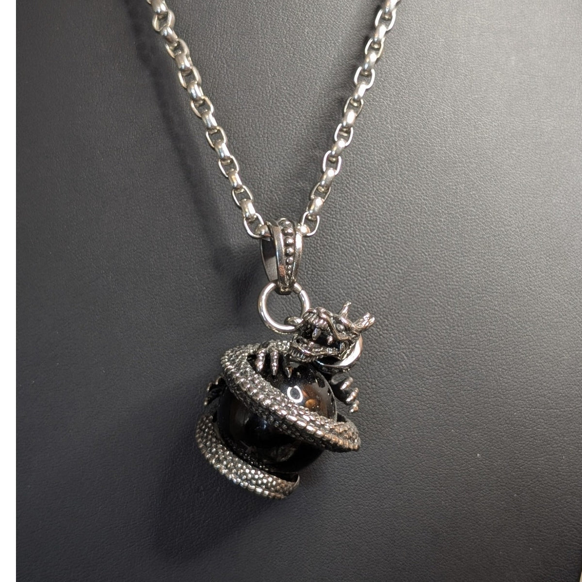 Dragon Obsidian Pendant On Heavy Silver Tone Rolo Link Chain 22" Necklace