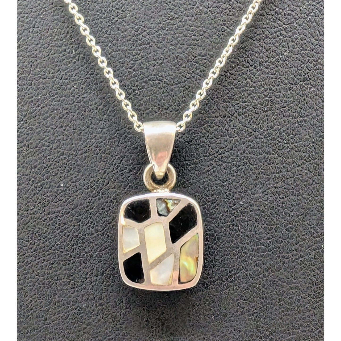 VTG 925 Sterling Silver Marsala MOP Abalone Onyx Inlay Pendant 17.5" Necklace