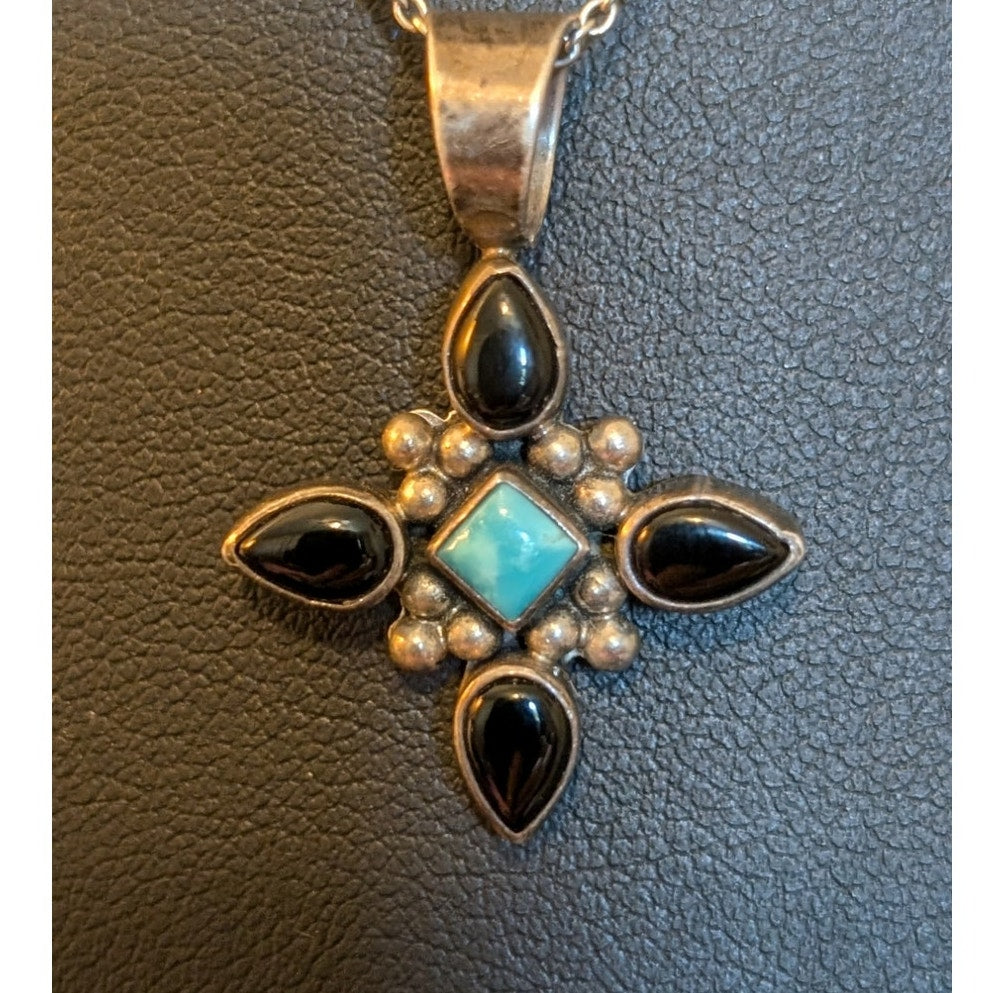 Vintage Black Onyx & Turquoise Sterling Beaded Four Point Pendant Necklace
