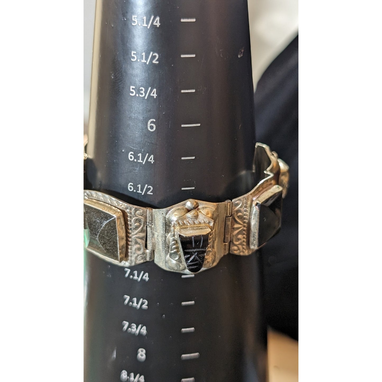 Vintage Taxco Mexico Black Onyx Alpaca Silver Carved Aztec Mask Bracelet