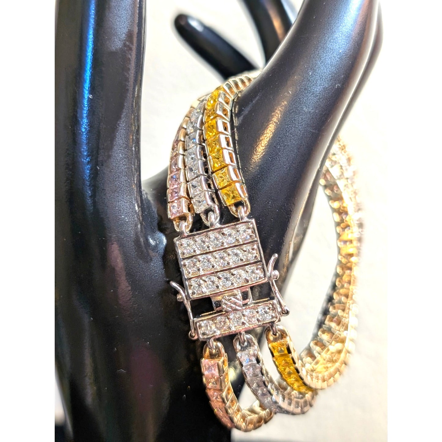PJM 925 Sterling Pink Yellow Clear Princess Cut Three Strand Tennis Bracelet