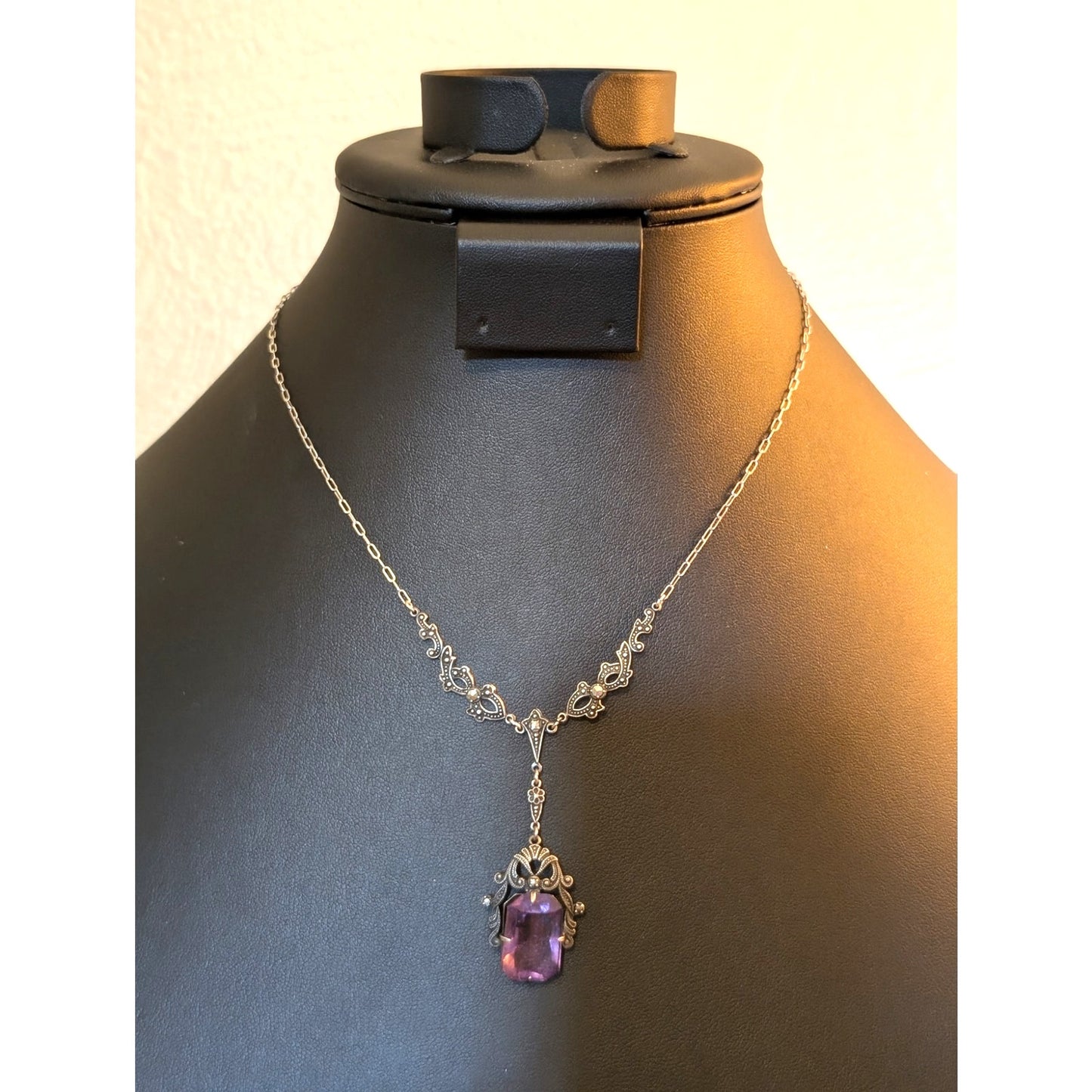 Antique Art Deco Sterling Amethyst Marcasite Filigree Pendant Paperclip Necklace