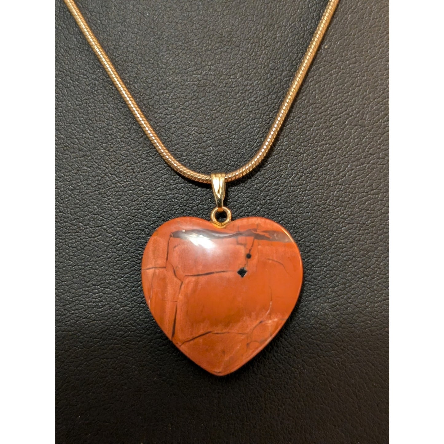 Red Jasper Stone Heart Pendant on Gold Tone Snake Chain Necklace