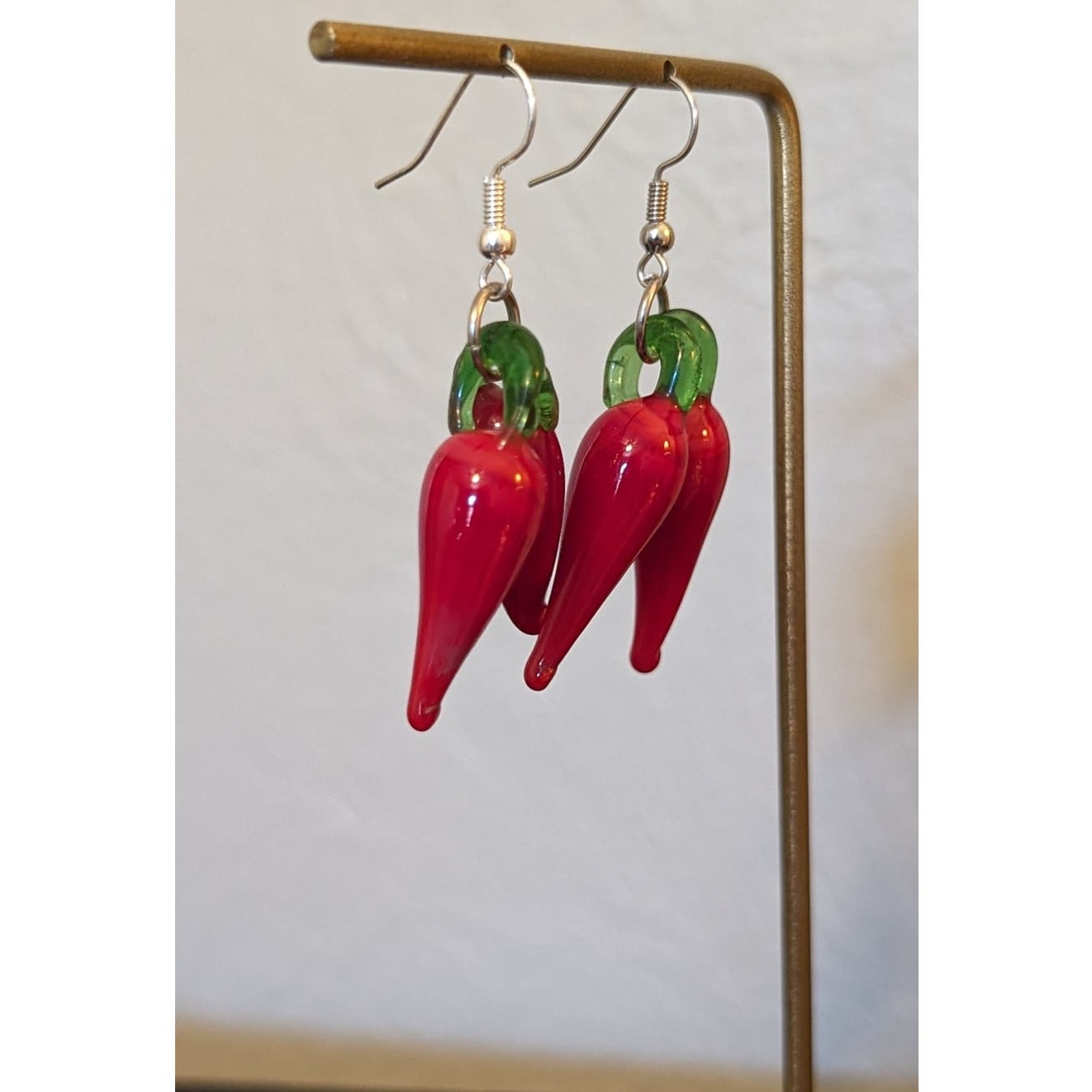 Red Hot Chili Pepper Glass Dangle Wire Earrings