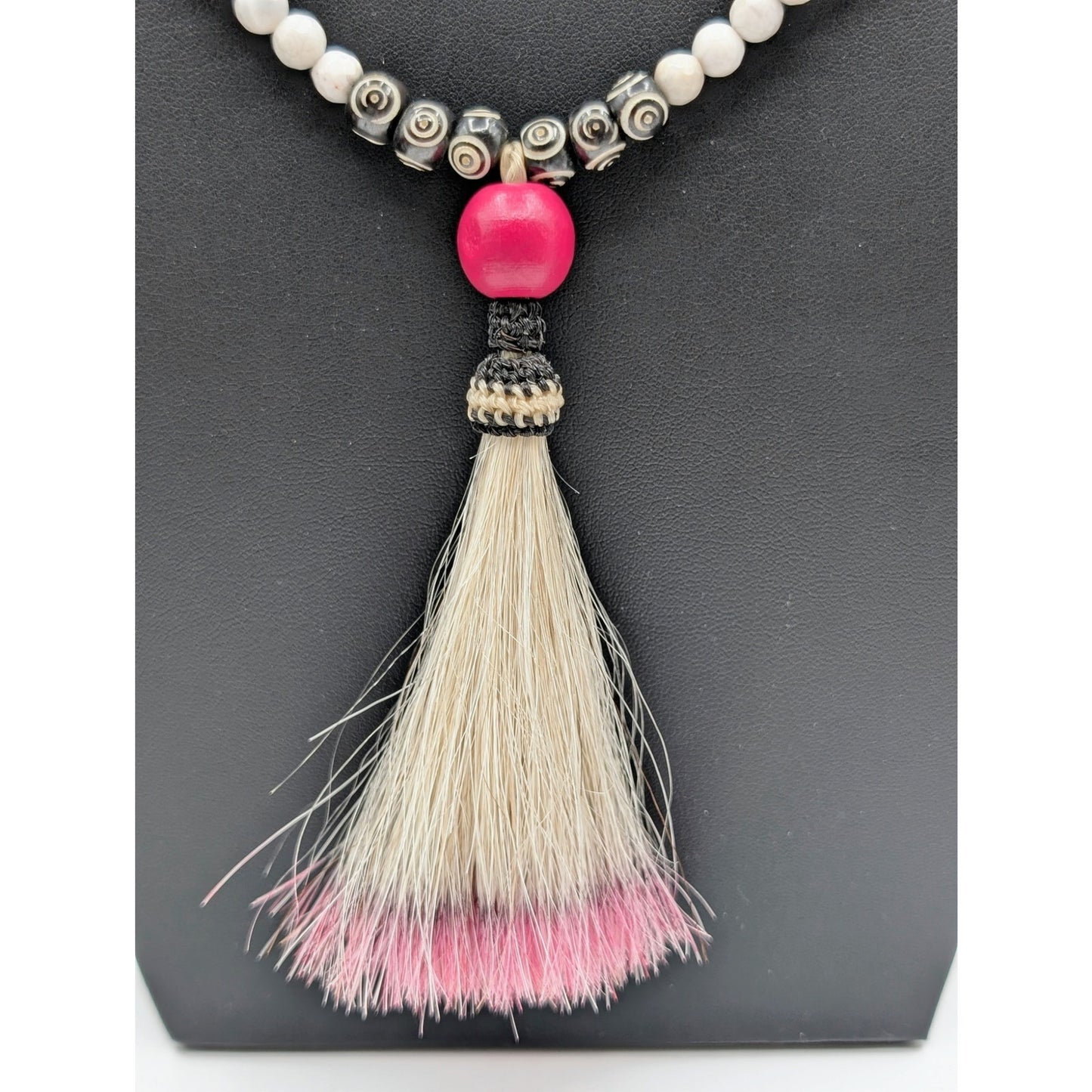 Boho Blue Pink White Black Stone Beaded Pink Tipped Tassel Long Cord Necklace