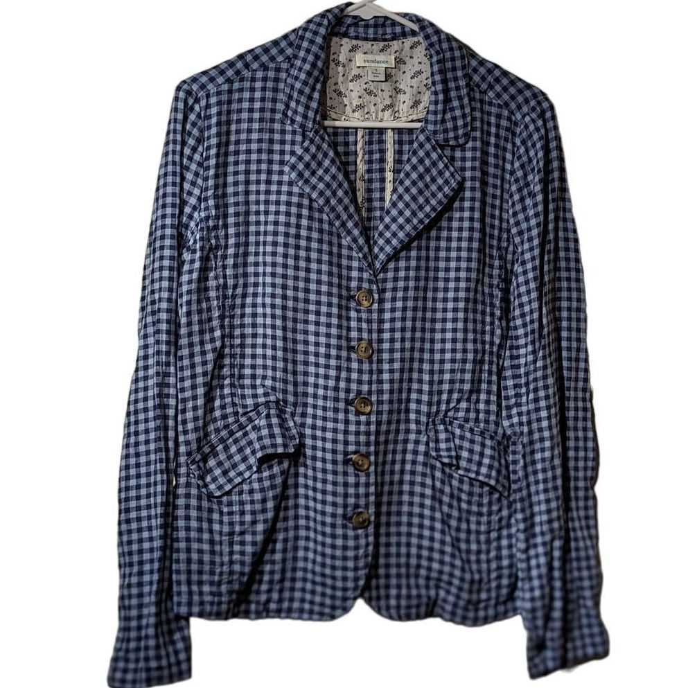 Sundance Ziri 100% Linen Blue Gingham Cinch Back Jacket Womens Sz S (4-6)