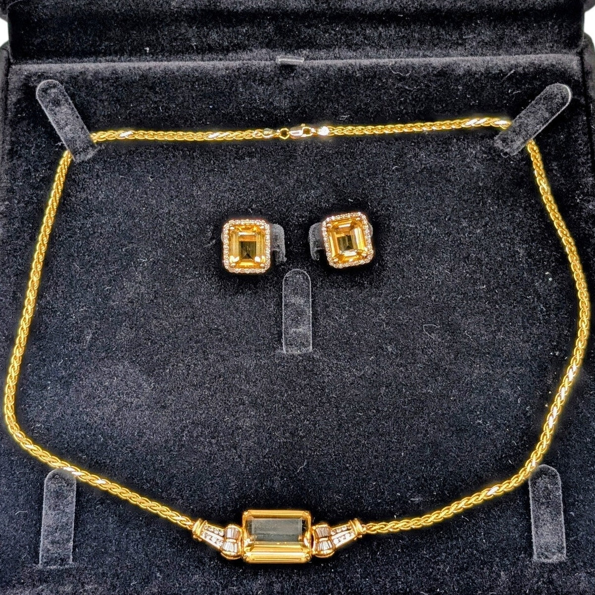 14K Yellow Gold Citrine & Diamond Necklace & Pierced Earring Jewelry Set 25.35g