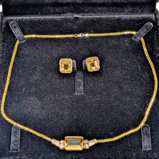 14K Yellow Gold Citrine & Diamond Necklace & Pierced Earring Jewelry Set 25.35g