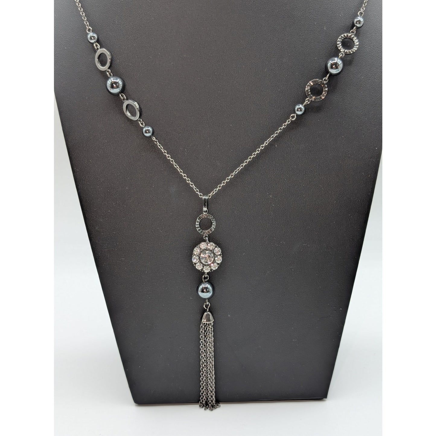 Lia Sophia Gun Metal Metallic Bead Rhinestone Tassel 27"-30" Chain Necklace