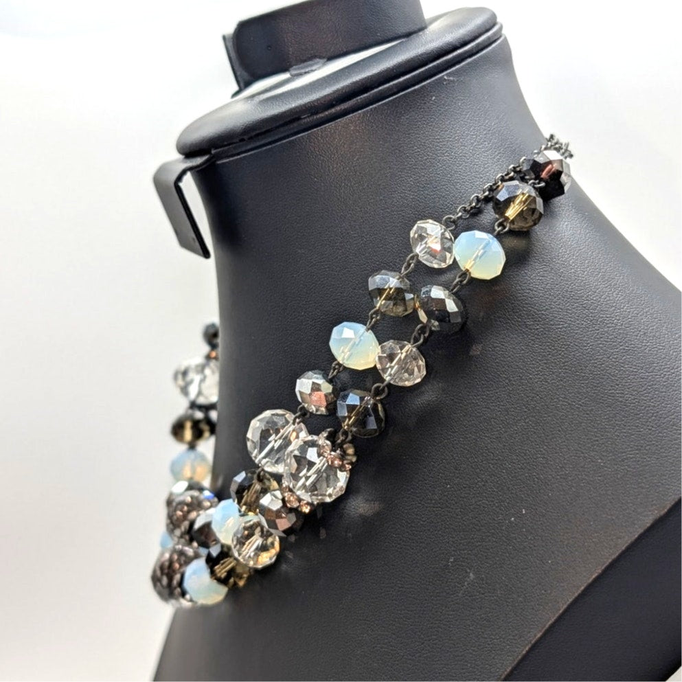 Crown Trifari Double Strand Crystal Beaded Gun Metal 16"-18" Necklace