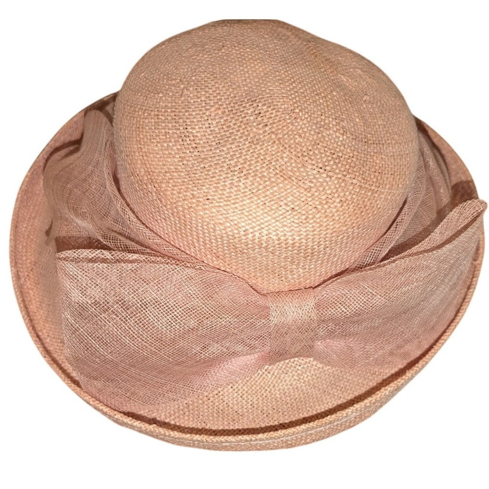 Betmar New York Vintage Blush Pink Straw Bow Detail Straw 22" Hat Upturned Edge