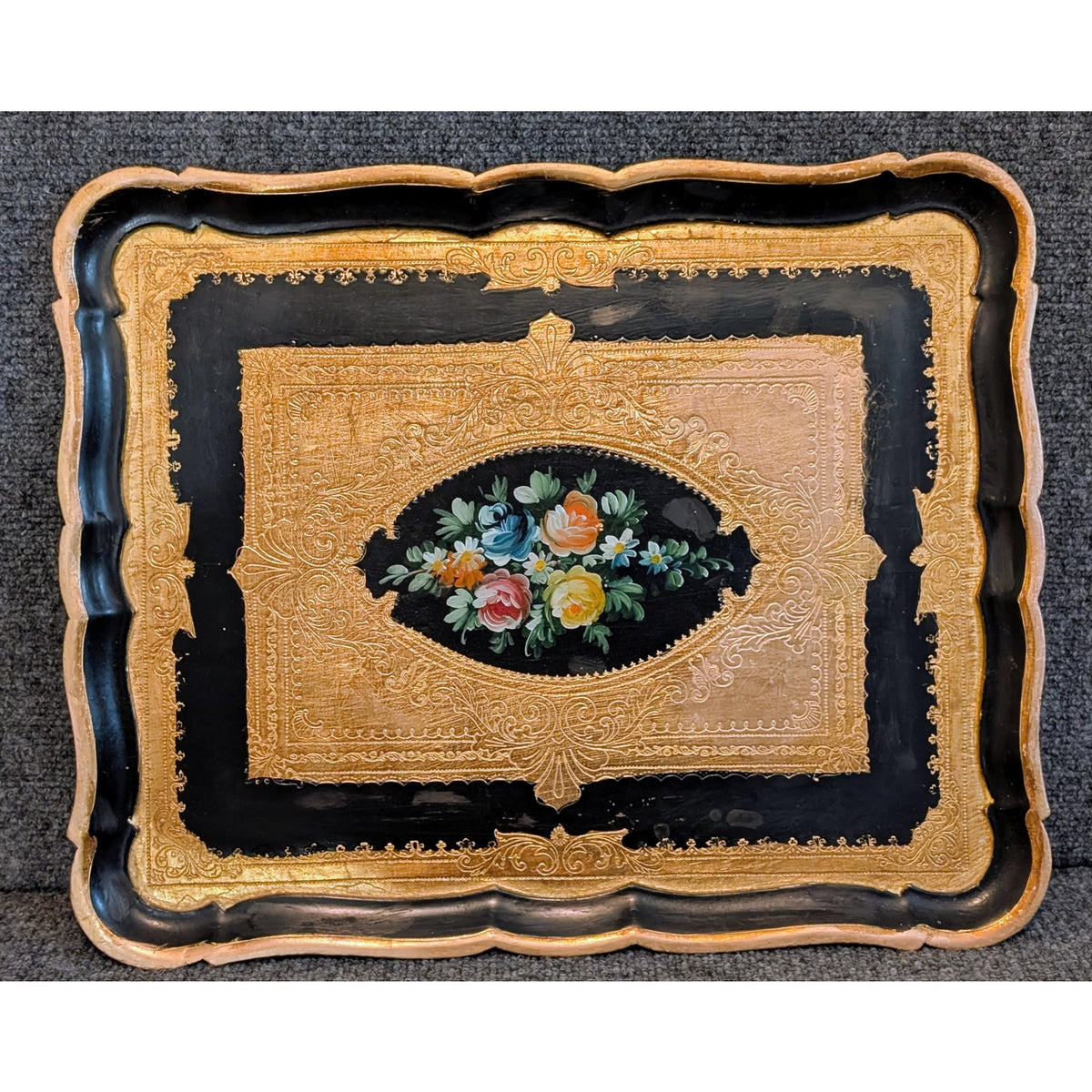 Vintage Italian Florentine Hand Painted Gold and Black Floral 18 X 15 Wood Tray