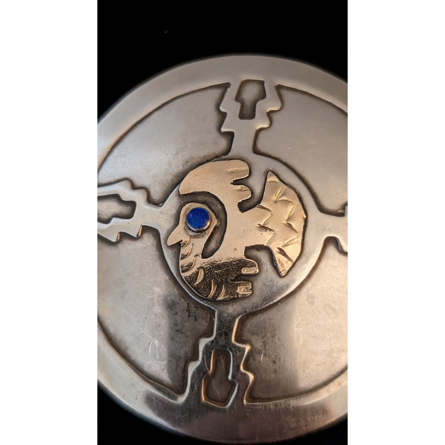 Vintage Peru 2" Round 925 Sterling 18K Gold Turquoise Inca Bird Brooch/Pendant